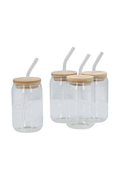 Bien Servi 4-piece glass cups with straw and lid, clear and brown, 350 ml