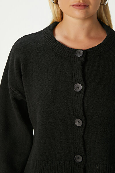 Ritnice Women's Keep Side Slit Soft Textured Black Basic Knitwear Cardigan 70145