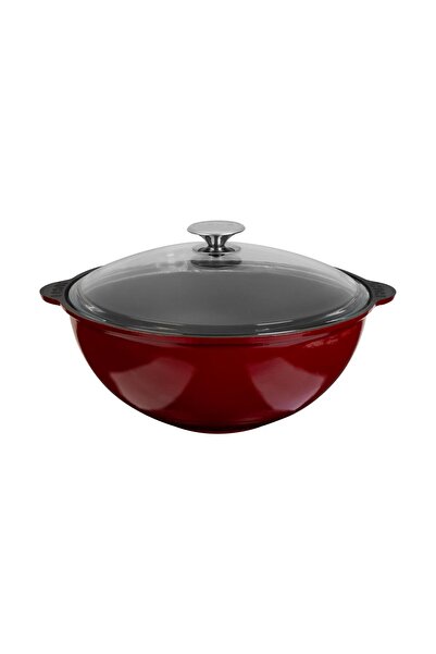 Lava Döküm Yuvarlak Cam Kapaklı Özbek Kazanı/Tencere. Döküm Demir Yekpare Kulplu Çap(ø)30cm.-Bordo