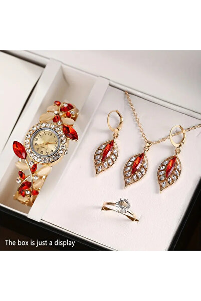 SOWOO WATCH Kırmızı Boho Stil Kadın Saati ve Yaprak Mücevher Seti Kuvars Kol ...