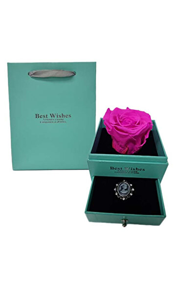 velve Trandafir criogenat in cutiuta turcoaz, cu sertar si brosa, fucsia, Fucsia