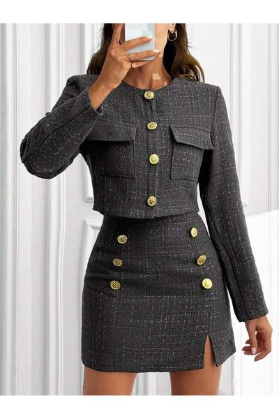 Purpleclo Gold Düğme Detaylı Tüvit Etek Ceket Takım