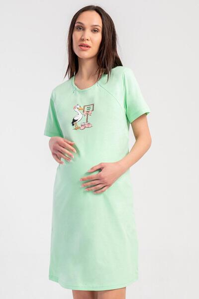 VİENETTA Women's Green Color Printed Short Sleeve Maternity Tunic C4T3N3305