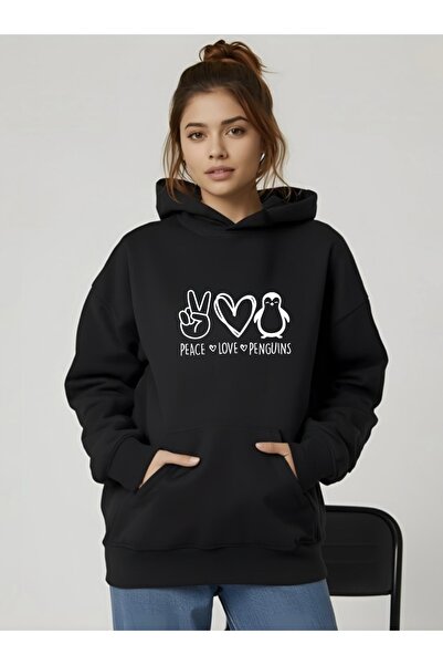 FUFLUNS Peace Love Penguins Printed Oversize Unisex Women/Men Hooded Sweatshirt