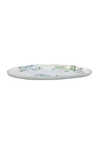 EasyLife Oval serving platter with curved edges and floral prints, white and green, 36 cm