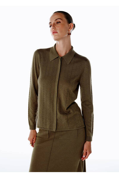 Knitss Extrafıne Merino Yün Karışımlı Triko Gömlek Olıvestone