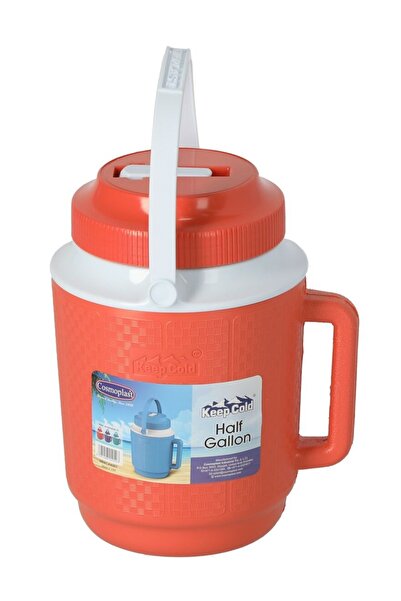 Cosmoplast Top and side handle to keep cool. Red and white 2.1L plastic water cooler.