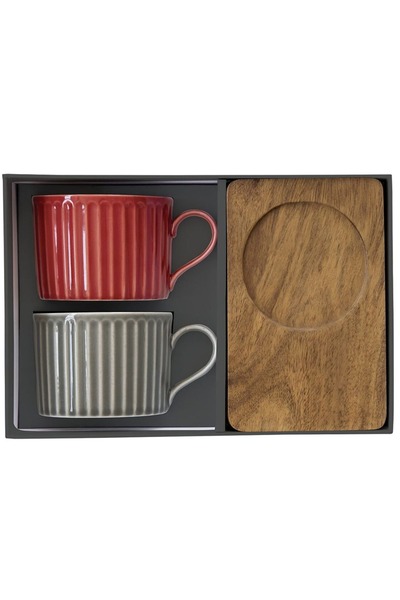 EasyLife Take A Break 4-Piece Scratch Resistant Cup and Saucer Set in Red and Grey