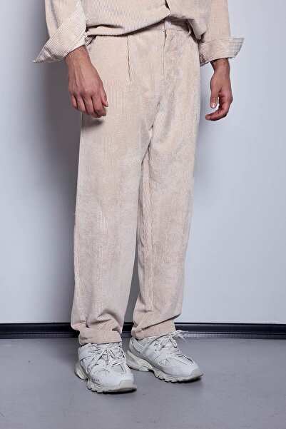 ablukaonline Men's Velvet Textured Baggy Fit Trousers Stone Color
