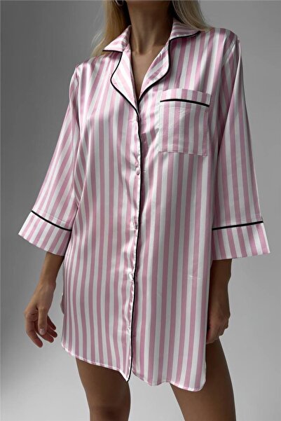 COCCOLARSI Strisce Rosa Chiaro Bianco Saten Uzun Tunik Gecelik