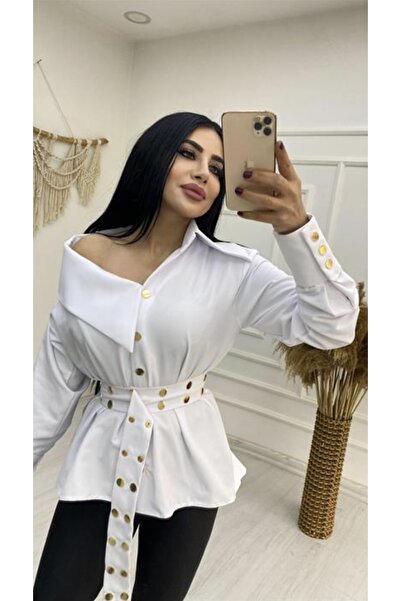 Clariss White Shirt with Gold Studded Belt