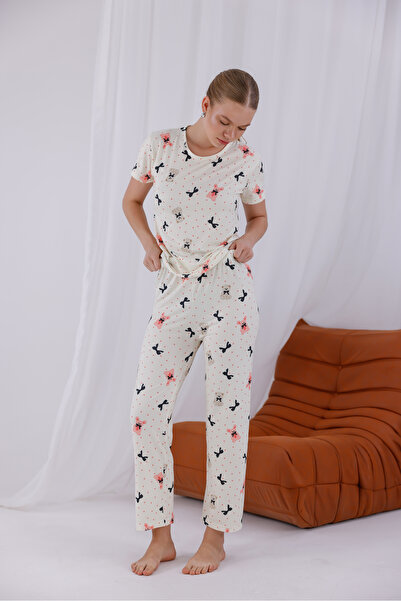 Arvin Pijama Γυναικείο σετ πιτζάμες με κοντό μανίκι με μαλακή υφή με στάμπα λευκού χαρακτήρα