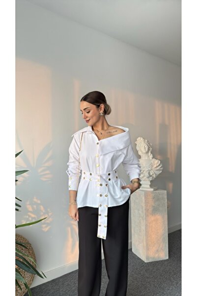 Clariss White Shirt with Gold Studded Belt
