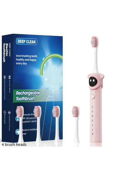 Choice فرشاة أسنان كهربائية سونيك للأطفال، 4 فرش وردية، رسوم متحركة ملونة، قابلة لإعادة الشحن عبر USB، ناعمة