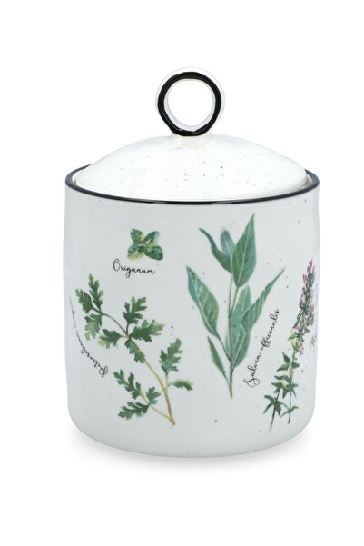 Generic برطمان تخزين من البورسلين مطبوع عليه أوراق سبا مع غطاء أبيض وأخضر