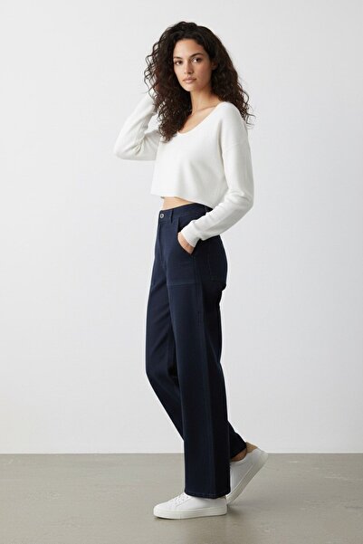 SHEVEGA Women's Navy Blue Front Adhesive Pocket Wide-Lettered Pants