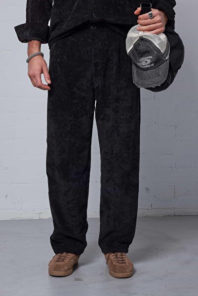 ablukaonline Men's Velvet Textured Baggy Fit Trousers Black