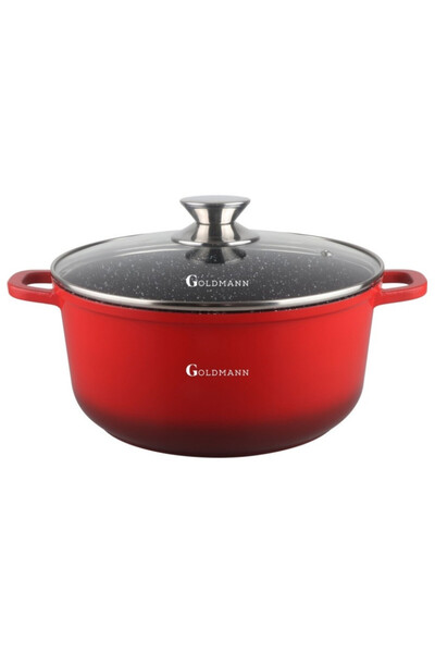 goldmann Oală GM-7328R, 6,5 l, 28 cm, Finisaj marmorat, Capac de sticlă cu orificiu de abur, Inducție, Roșu
