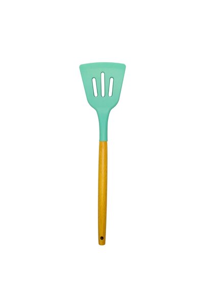 SHOPIENS Spatulă perforată YJJY01, silicon + lemn, verde, 32 x 8 cm