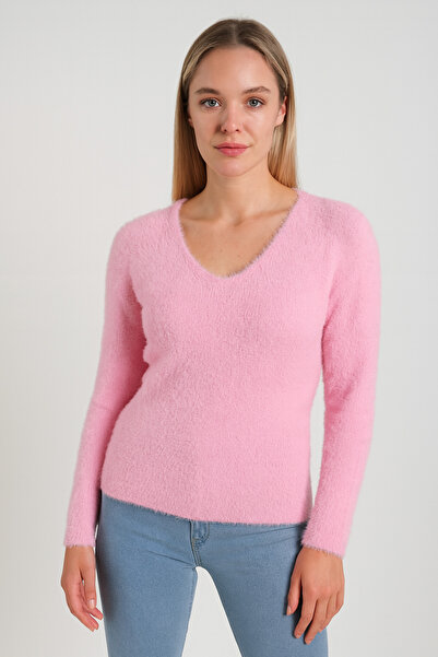 Minora Γυναικείο πλεκτό πουλόβερ MinoraLady με ροζ λαιμόκοψη σε σχήμα V και γ...