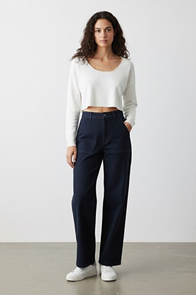 SHEVEGA Women's Navy Blue Front Adhesive Pocket Wide-Lettered Pants