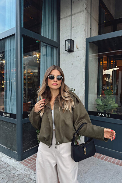 Sue Store Khaki Epaulet Detailed Lined Suede Jacket