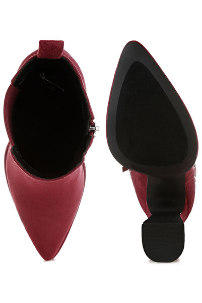 london Rag Women Studs Embellished High Ankle Boots in Burgundy