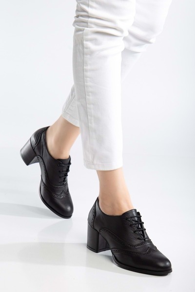 ANALİN SHOES Women's Genuine Leather Laser Detailed Stylish Heeled Shoes - Black