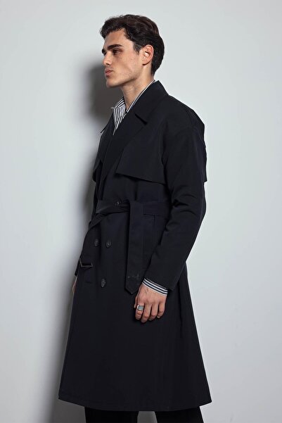 ablukaonline Men's Oversize Double-Breasted Belted Trench Coat Black