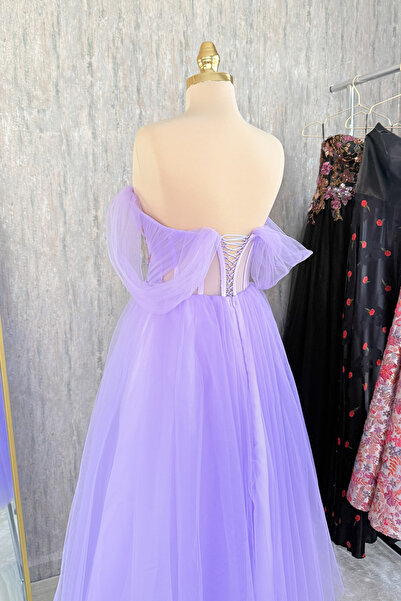 Lenta Moda Lila Çiçek Detaylı Düşük Kol Midi Boy Tül Abiye & Nikah Elbisesi