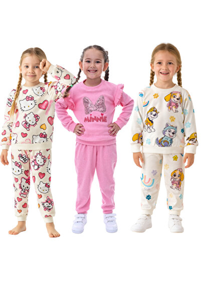 minikiss 3 Pcs Seasonal Printed Top and Bottom Girls' Two-Piece Set Comfortable and Flexible Fabric