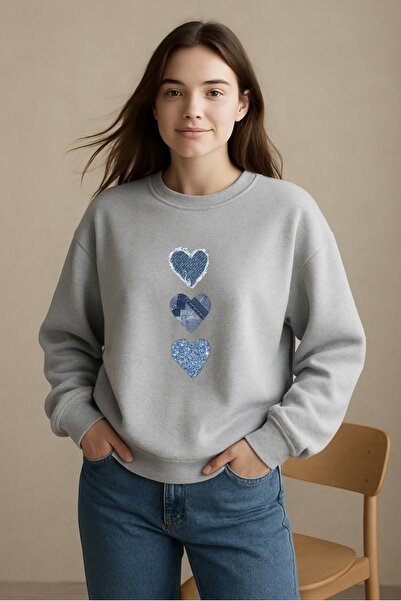 FUFLUNS سترة رياضية فضفاضة بطباعة قلب من الدنيم للجنسين بياقة دائرية