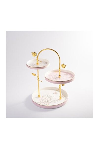 Malooki Κομψή τριώροφη βάση για γλυκά με χρυσό σχέδιο - ροζ