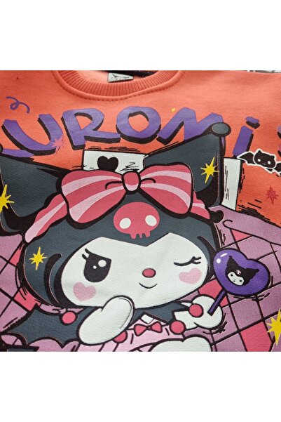 Uğur bebe Explore the Magical World of Coral Color Kuromi – Kuromi Patterned Girls' Tracksuit Set with Hoodie