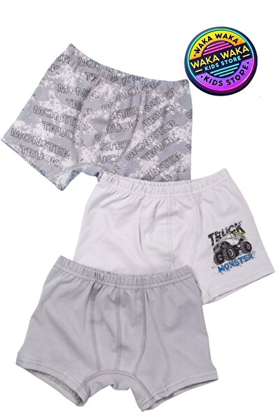 ww waka waka kids store Boys' Monster Truck Patterned 3-Piece Boxer Set – Cotton Stretchy Underwear