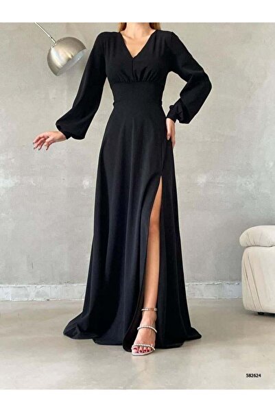 Modafeminen V Yaka Yırtmaçlı Uzun Abiye Elbise 582624 SİYAH