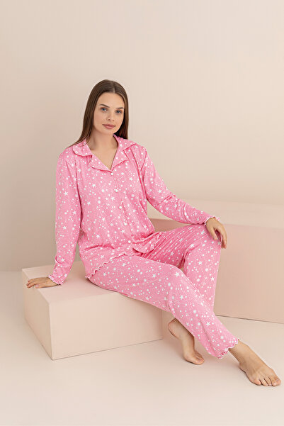 rindahomewear Kadın Desenli Milan Örme Uzun Kol Kadın Düğmeli Pijama Takımı