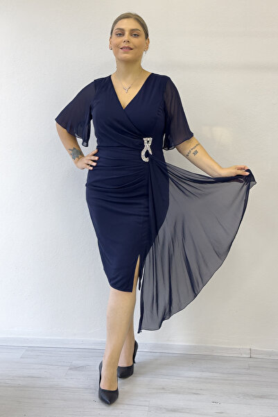 zks grup tekstil Women's Half Sleeve Stone Detailed Midi Length Plus Size Evening Dress Black, Plum, Purple, Navy Blue