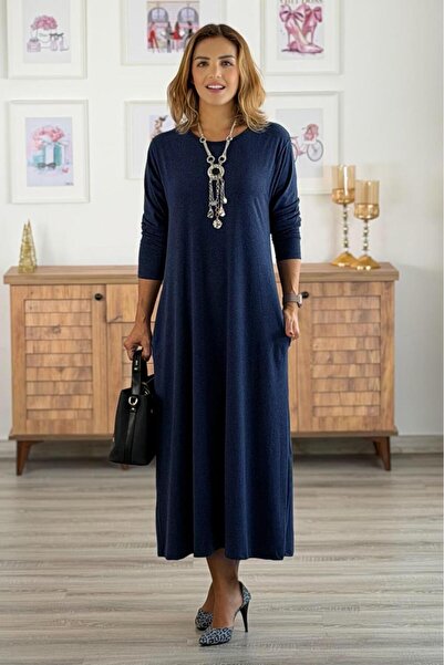 Nevin Kaya Moda Lacivert Angora Yumuşacık Yün Viskon Elbise