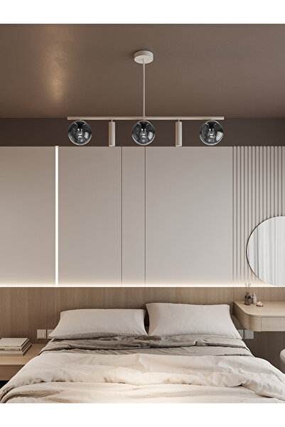 avizade SİENA Beyaz Metal Gövdeli 5’li Modern Avize–3 Füme Cam Küre ve 2 Spot...