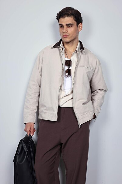 ablukaonline Men's Contrast Collar Regular Fit Denim Jacket Beige