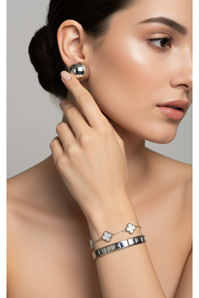 Ervalina طقم أساور CRTR الإيطالية مع أقراط فضية دائرية وسوار على شكل ورقة الب...