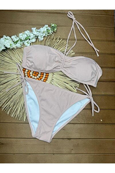 VAJESTO Γυναικείο ανοιχτό ροζ ελαστικό ύφασμα ελαστικό σετ μπικίνι με κορδόνι στο λαιμό, στράπλες, κομψό κορδόνι που ρυθμίζει το μέγεθος