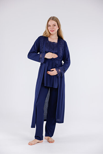 Yulem Homewear طقم بيجامة للحوامل من 3 قطع بأكمام طويلة وياقة من الدانتيل بال...