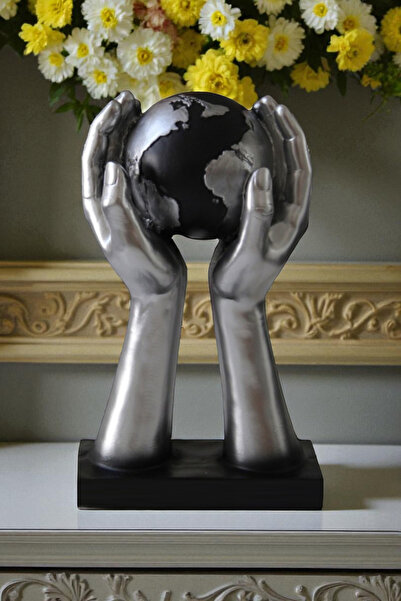 ay hediyelik Dünya Tutan El Heykeli - Dekoratif Polyester 17x28 cm