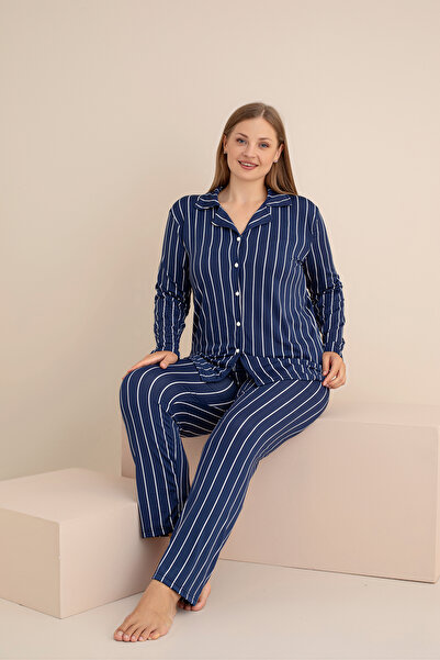 rindahomewear KADIN Buyuk Beden Milan Örme Uzun Kol Kadın Düğmeli Pijama Takımı