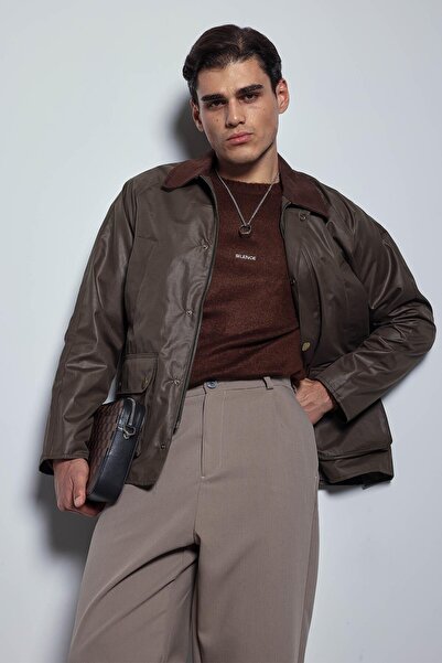 ablukaonline Men's Relax Fit Waxed Contrast Collar Jacket Brown