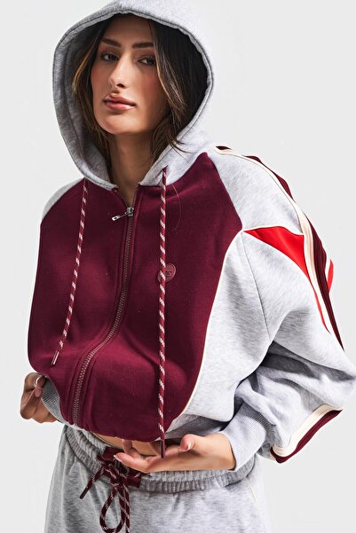 its basic Women's Gray Burgundy Color W5-107 Knitted Fabric Bottom Top 2-Piece Combination Design Tracksuit Set