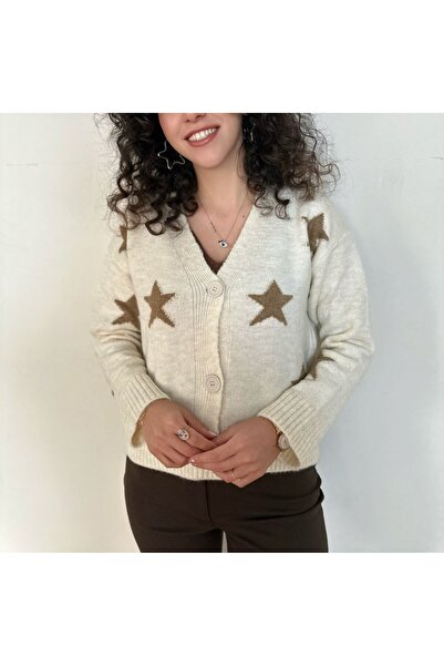 BELISTIL سترة تريكو بياقة على شكل حرف V ونقشة نجمة باللون البيج
