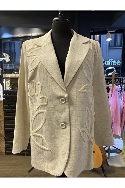 ayriss Women's Ecru Front Embroidered Lined Cotton Blazer Jacket